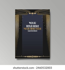 Art Nuovo, Modern, luxury template golden black A4 page, menu, card, invitation, Sun and city lights in an Art deco Art Deco style, beautiful background 