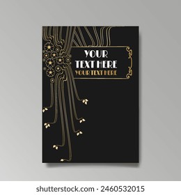 Art Nuovo, Modern, luxury template golden black A4 page, menu, card, invitation, Sun and city lights in an Art deco Art Deco style, beautiful background 