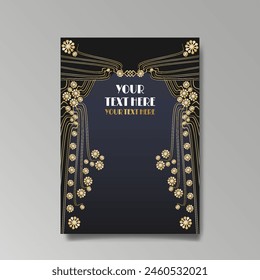 Art Nuovo, Modern, luxury template golden black A4 page, menu, card, invitation, Sun and city lights in an Art deco Art Deco style, beautiful background 