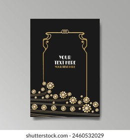 Art Nuovo, Modern, luxury template golden black A4 page, menu, card, invitation, Sun and city lights in an Art deco Art Deco style, beautiful background 