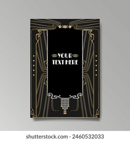 Art Nuovo, Modern, luxury template golden black A4 page, menu, card, invitation, Sun and city lights in an Art deco Art Deco style, beautiful background 