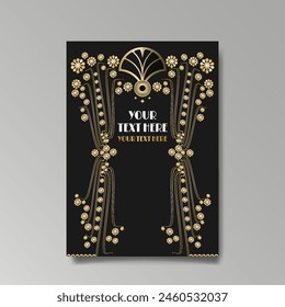 Art Nuovo, Modern, luxury template golden black A4 page, menu, card, invitation, Sun and city lights in an Art deco Art Deco style, beautiful background 