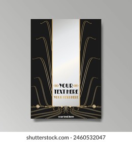 Art Nuovo, Modern, luxury template golden black A4 page, menu, card, invitation, Sun and city lights in an Art deco Art Deco style, beautiful background 