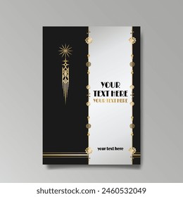 Art Nuovo, Modern, luxury template golden black A4 page, menu, card, invitation, Sun and city lights in an Art deco Art Deco style, beautiful background 