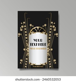 Art Nuovo, Modern, luxury template golden black A4 page, menu, card, invitation, Sun and city lights in an Art deco Art Deco style, beautiful background 