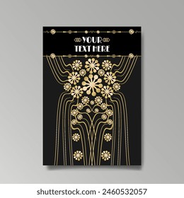 Art Nuovo, Modern, luxury template golden black A4 page, menu, card, invitation, Sun and city lights in an Art deco Art Deco style, beautiful background 