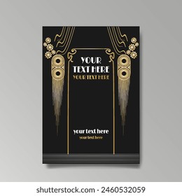 Art Nuovo, Modern, luxury template golden black A4 page, menu, card, invitation, Sun and city lights in an Art deco Art Deco style, beautiful background 