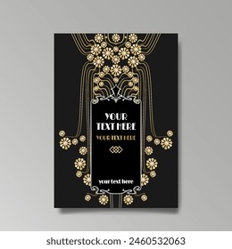 Art Nuovo, Modern, luxury template golden black A4 page, menu, card, invitation, Sun and city lights in an Art deco Art Deco style, beautiful background 