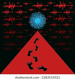 An art object. Composition with footprints on the pyramid. Fantastic illustration. Blue, red and black shapes. Square drawing for illustration.