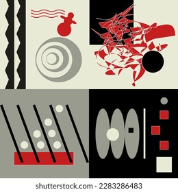 An art object consisting of geometric shapes. Red, gray, black, white composite combinations. Square drawing for illustration.