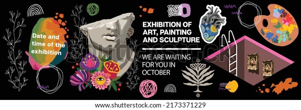 Art objects for exhibition of classical and\
contemporary painting, sculpture and music. Vector abstract modern\
illustrations for creative festivals and art events. Drawings for\
poster