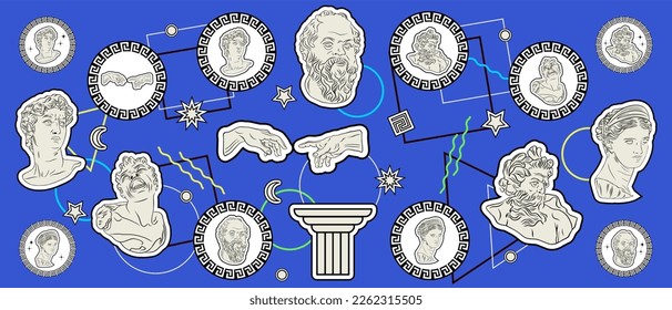 Art objects for the exhibition of painting, culture, sculpture, music and design. Vector abstract modern illustrations for creative festivals and events. Stickers with Greek sculptures.