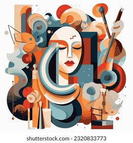 Art objects for an exhibition of painting, culture, sculpture, music and design. Vector abstract modern illustrations for creative festivals and events