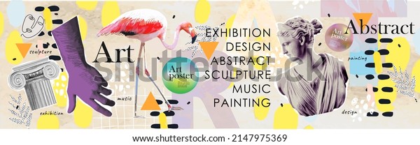 Art objects for an exhibition of painting, culture, sculpture, music and design. Vector abstract modern illustrations for creative festivals and events	
