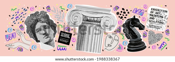 Art objects\
for exhibition of painting, sculpture and music. Vector\
illustration of abstract background, roman column, greek sculpture,\
chess horse pattern for magazine or\
cover	\
