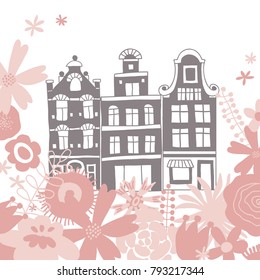Art with old European houses and pink flowers