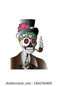 Art Old Man Skull Day of the dead. Hand drawing and make graphic vector.