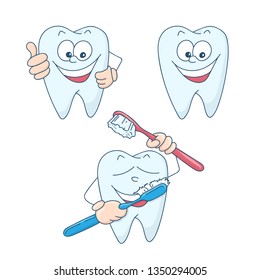 Art on the topic of children's dentistry. Cute cartoon healthy and beautiful teeth.