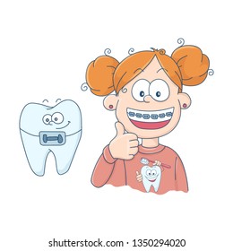 Art on the topic of children's dentistry. Teeth with braces.