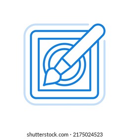 Art online design vector line icon. Brush lying on square stand. Artistic workshop for creative works. Graphic painting drawing tools and constructive craft creating images landscapes.