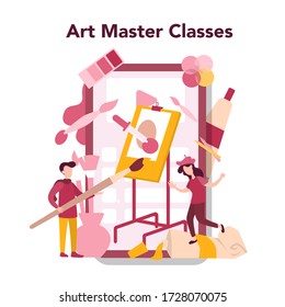 Art online education concept. Male and female artist standing in front of big easel or screen, holding a brush and paints. Artist painting. Master class. Isolated flat vector illustration