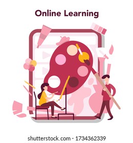 Art online education concept. Male and female artist standing in front of big easel or screen, holding a brush and paints. Artist painting. Webinar and master class. Isolated flat vector illustration