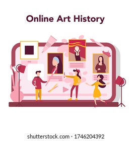 Art online education concept. Male and female artist standing in front of big easel or screen, holding a brush and paints. Artist painting. Art history. Isolated flat vector illustration