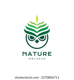 art owl head green leaves nature animal nocturnal carnivore logo design icon vector illustration