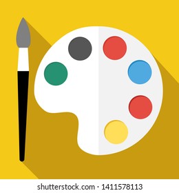 Art Paint brush and palette flat design isolated on yellow background cartoon vector illustration with long shadow. - Vector 