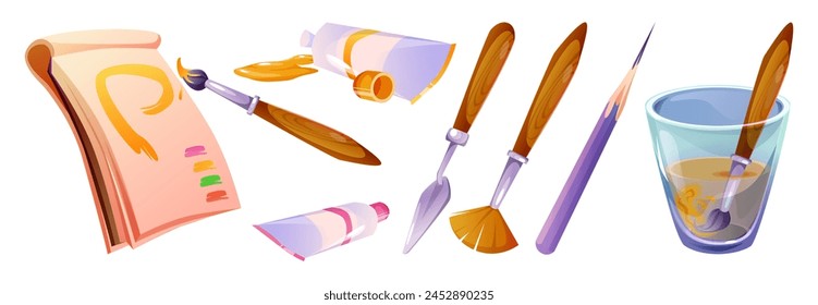 Art paint brush tool vector. Artist draw with pencil and paintbrush cartoon craft object set. Designer album, oil tube and gouache clipart isolated png. Simple supplies and creative study accessory.