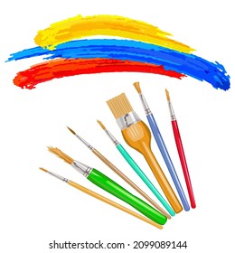 Art paint brushes with color paint isolated on white background. Paintbrush strokes and artistic brushes set. Artists tool. Accessories for drawing. Stock vector illustration