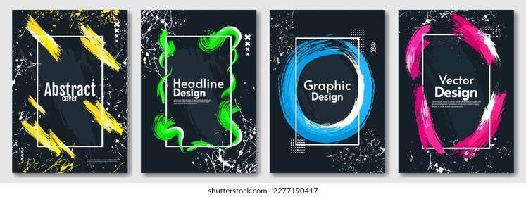 Art paint posters. Colored brush with dark backdrop. Set of posters. Vector illustration. Design for cover, poster. 