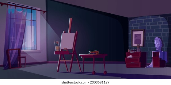 Art paint room studio interior with easel at night cartoon illustration. Craft vector background with artwork material, canvas, paintbrush and head figure in house workroom. Brush and pencil equipment