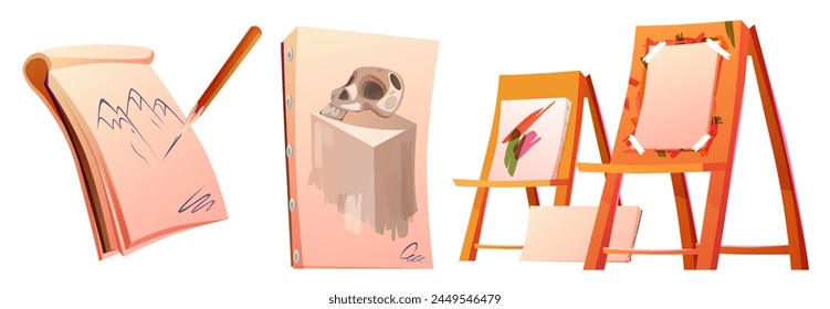 Art paint tool. Artist draw with pencil on easel. Painter craft supplies icon png cartoon set. Designer education equipment and accessory object design. Simple canvas with creative sketch asset.