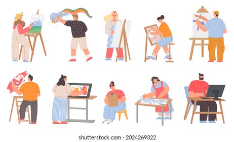 Art painters, digital artists and graphic designer characters. Men and women draw painting on canvas easel. Creative job or hobby vector set. Illustration of graphic painter and digital artist