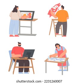 Art painters. Woman painting with paintbrush and palette, female and male characters graphic designers using desktop computer and tablet tools, man will roller isolated vector set