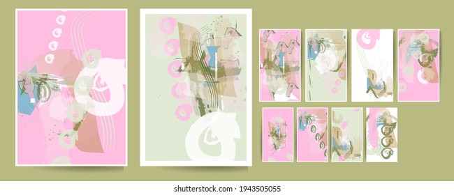 Art paintind dijital vector pastel muted pale calm tones card templates set. Collection of romantic invitations with gold abstraction background line color