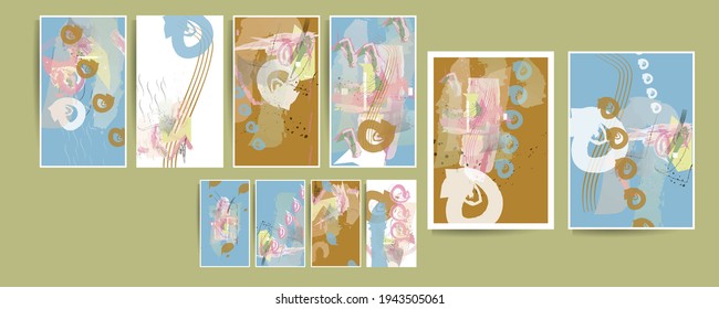 Art paintind dijital vector pastel muted pale calm tones card templates set. Collection of romantic invitations with gold abstraction background line color