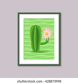 Art painting with Cactus in frame on gray background. Template design for web and mobile. Vector vintage illustration concept