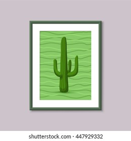 Art painting with Cactus in frame on gray background. 