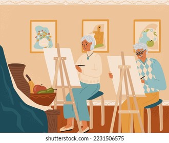 Art painting class for senior persons. Hobby for elderly concept vector illustration. Couple of old people painting and drawing still life in art studio. Retirement life, senior people