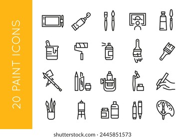 Art and painting icon set: drawing, house painting, artwork, tablet, paint tubes, palette for web, mobile, promo. Covers hobby, creativity. Single outline, vector illustration.