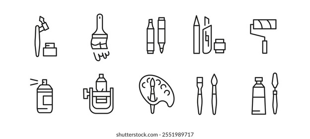 Art and painting icons. 10 art and painting trendy minimal icons. Palette, Paintbrush, Easel, Spray Can icon. Design signs for web page, mobile app, packaging design. Vector illustration.