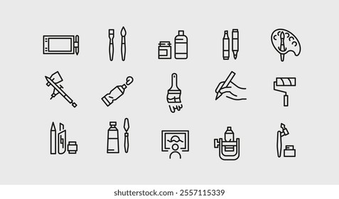 Art and painting icons. 15 art and painting trendy minimal icons. Palette, Paintbrush, Easel, Spray Can icon. Design signs for web page, mobile app, packaging design. Vector illustration.