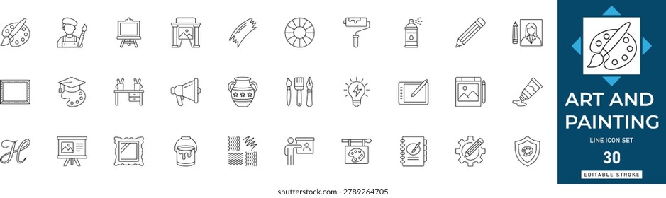 Art and painting line icon set featuring creative studio, fine arts, illustration, palette, brush, canvas, design. Professional editable vector illustration for art app and UI UX design.
