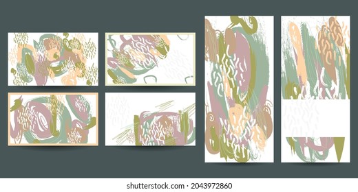 Art painting natural pastel muted pale calm tones card templates set. Collection of romantic invitations with splashes and strokes of contemporary