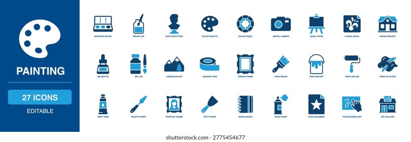Art Painting Solid Icon Set comprising creative watercolor brush cup, classic bust sculpture, vibrant color palette, camera, studio easel, floral decal house, project ink bottle, and jar.