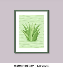 Art painting with succulent in frame on gray background. Template design for web and mobile. Vector vintage illustration concept