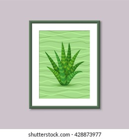 Art painting with succulent in frame on gray background. Template design for web and mobile. Vector vintage illustration concept