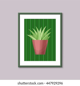 Art painting with succulent in frame on gray background. 